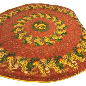 Vent Du Sud French Country Vtg Rustic Orchards Peach Grape Tablecloth 65" Round